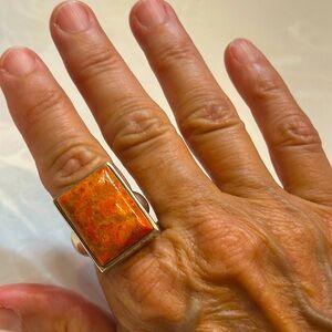 Vintage Navajo Sterling Silver 925 Plain Bezel Trim Orange Tan Jasper 🔥🔥